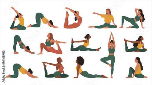 oga postures illustration featuring girls practicing various poses. Colorful flat vector showing a healthy lifestyle, with female characters demonstrating different yoga positions