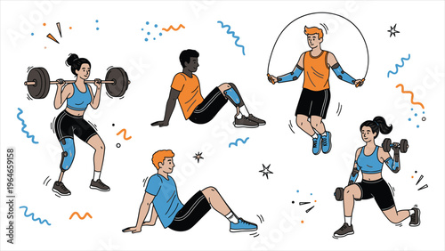 Young people with prosthetics training and exercising at the gym