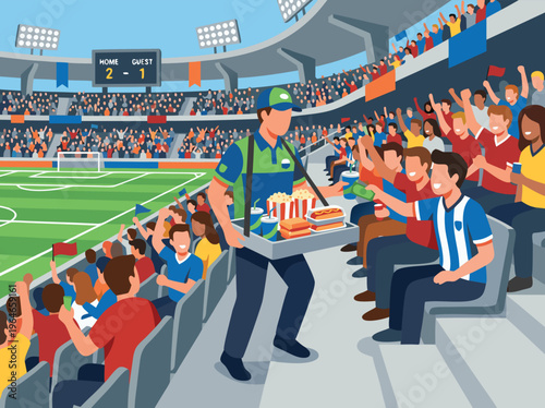 Sports stadium vendor selling hot dogs and drinks to cheering fans during a soccer match.