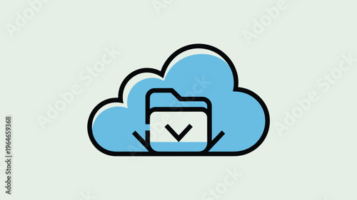 Cloud computing data storage icon, blue cloud with folder and download arrow, flat vector illustration for network backup and file hosting services
