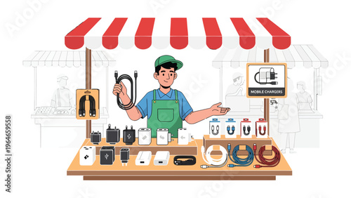 Market Stall of Tech Essentials: A vibrant scene unfolds at a market stall, where a vendor presents a colorful array of chargers and accessories.