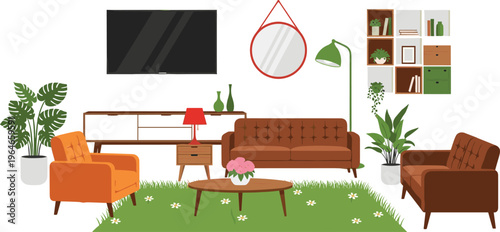 Modern living room interior with sofa armchair plants and decor isolated on white background home design vector illustration