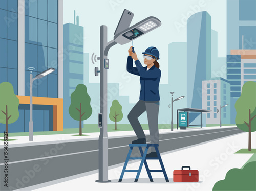 Urban street light maintenance technician working on smart city infrastructure.