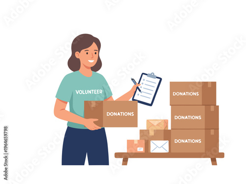 Volunteer sorting donation boxes for charity.