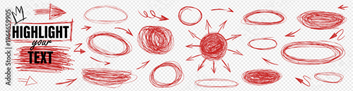 Red forming round with pen strokes circle and underline shapes with. Vector set of and drawn doodle with arrow elements , sun, crown. Bundle kit with text using red pen and oval frame lines strokes.