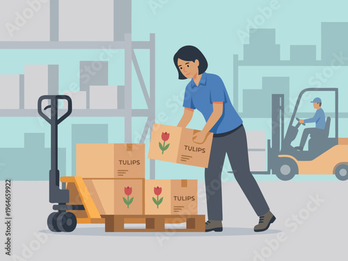 Warehouse worker loading boxes onto a pallet jack.