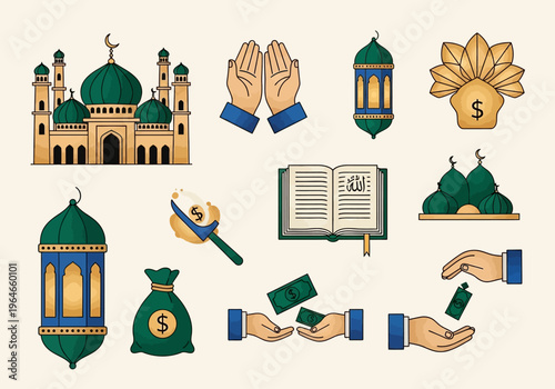 Islamic Finance and Ramadan Charity Icon Set Featuring Mosque, Quran, Zakat Donations, and Traditional Lanterns