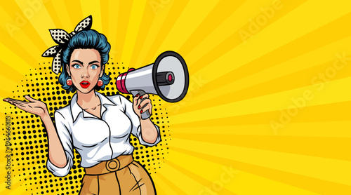 Pop Art Woman with Megaphone - Retro Girl Making Announcement with Speaker on Yellow Sunburst Background with Halftone Dots