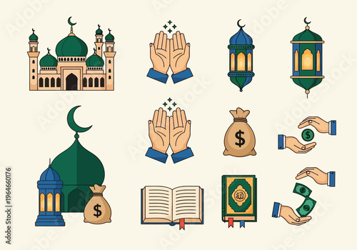 Islamic Religious and Charity Icon Set; Mosque, Quran, Lanterns, Praying Hands, and Zakat Money Illustrations for Ramadan and Eid Celebrations