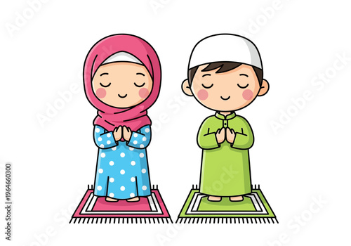 Cute Muslim Boy and Girl Cartoon Praying on Prayer Mats, Vector Illustration of Islamic Kids Making Dua