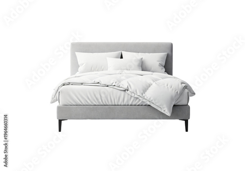 Modern Double Bed Isolated on White — 3D render of upholstered bed with white duvet and pillows, front view on white background, bedroom furniture concept.