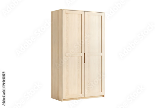 Wooden Double Door Wardrobe Isolated on White — 3D render of light pine wood closet with two panel doors on white background, bedroom furniture concept.