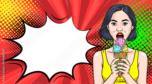 Pop Art Asian Woman Eating Ice Cream Cone - Surprised Girl with Halftone Dots Background and Comic Book Style Burst Frame