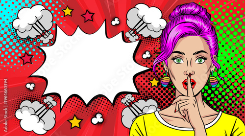 Pop Art Woman Making Shh Silence Gesture - Purple Hair Girl with Finger on Lips and Comic Book Halftone Dots Background with Speech Bubble Frame
