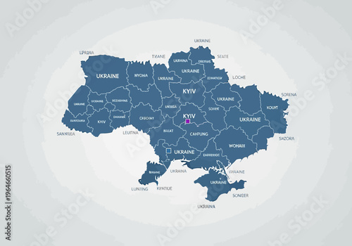 Detailed Blue Map of Ukraine with Administrative Regions and Kyiv City
