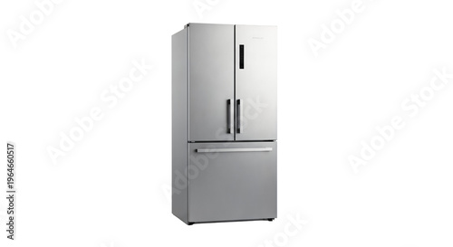 Stainless Steel Bottom Freezer Refrigerator with Digital Display. Modern two-door fridge appliance.