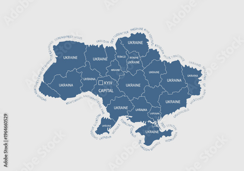 Administrative Vector Map of Ukraine with Kyiv Capital City and Regional Borders. Flat Blue Infographic Illustration for News and Education.