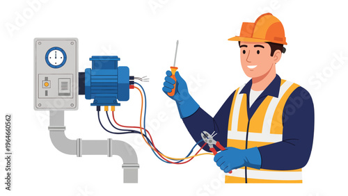 Electrical Engineer at Work: A skilled electrical engineer in a helmet meticulously works on a complex electrical panel, showcasing his expertise with a screwdriver and pliers.