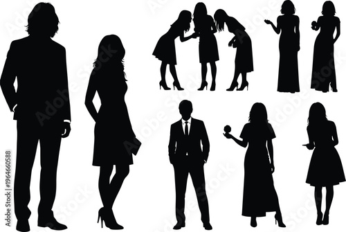 Business people and women silhouettes, professional fashion poses and social interaction, elegant corporate lifestyle characters isolated on white background illustration