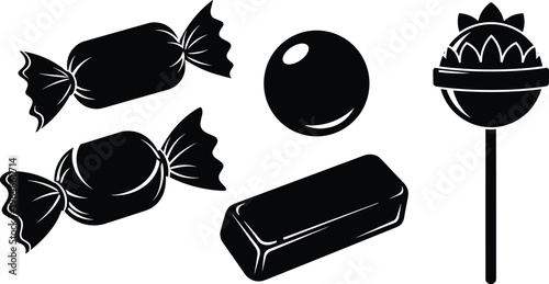 Candy silhouettes set, sweets collection, wrapped candies lollipop chocolate bar icons, dessert snack concept, confectionery elements, isolated on white background
