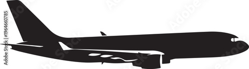 Airplane silhouette, black plane icon, aircraft vector, transportation symbol