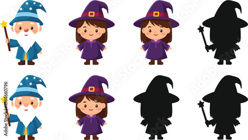 Cute wizard and witch cartoon vector set color silhouette fantasy characters isolated on white