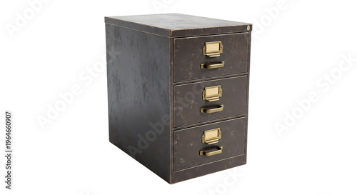 Vintage Rusty Dark Metal 3-Drawer Filing Cabinet with Worn Paint. Grunge industrial storage unit.