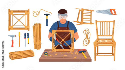 Crafting Chairs: A skilled artisan meticulously works on crafting a chair using various tools, showcasing the artistry and precision of woodworking, creating functional and aesthetic seating.
