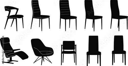 Chair silhouettes set, modern furniture collection, office and home seating designs, armchair and dining chair styles, interior concept, isolated on white background