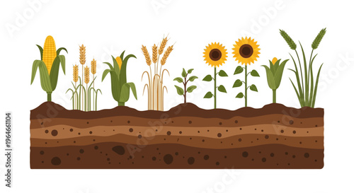 Diverse Agricultural Crops and Soil Layers Illustration: Corn, Wheat, Sunflower Growing in Nutrient-Rich Earth Profile