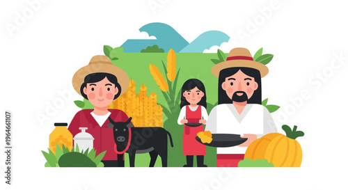 Rural Family Farm Illustration with Bountiful Harvest & Livestock