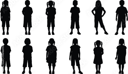 Children silhouettes collection, boys and girls standing in different poses, playful kids characters isolated on white background illustration set