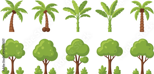 Cute tropical cartoon trees flat vector bundle palm and jungle plants isolated on white