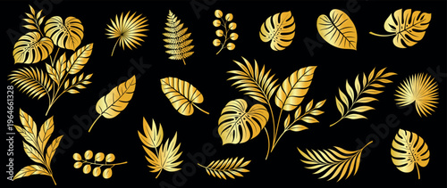 Luxury tropical leaves set in golden foil style on black background, featuring monstera and palm foliage. Elegant botanical collection for premium, modern, and decorative designs.