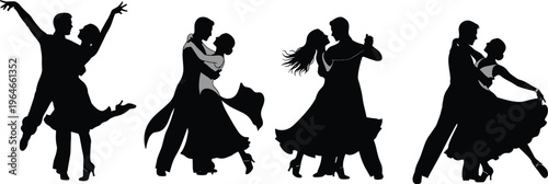 Couple dance silhouettes collection, ballroom dancers, romantic partners waltz tango poses, elegant movement, love and passion concept, isolated on white background