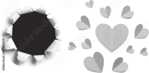Halftone torn paper circle and heart shapes, dotted and rough surface. Black and white comic pop-art design, featuring grainy, playful, and abstract details