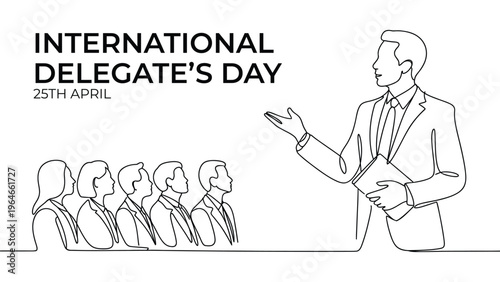 International Delegate’s Day line art illustration with speaker addressing audience conference diplomacy leadership concept april 25 modern vector design