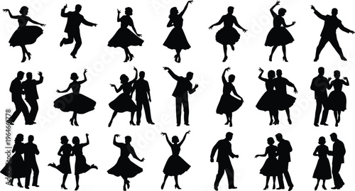 Dancing people silhouette collection, retro couples and solo dancers set, energetic movement poses, black vector illustration, party and performance icons isolated on white background
