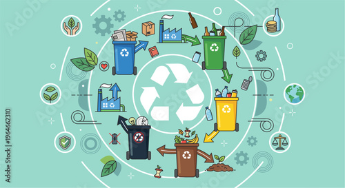 Circular economy and waste management vector concept with sorting bins and recycling icons without text