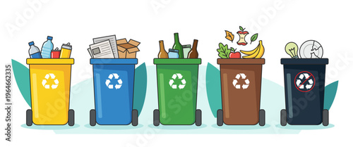 Five colorful recycling bins with waste types and green leaves for eco friendly sorting concept