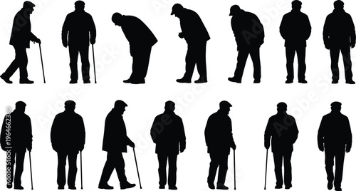 Elderly men silhouettes collection, senior people walking with cane and standing poses, aging and retirement lifestyle isolated on white background illustration