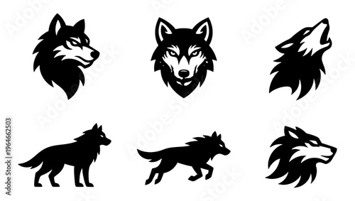 Wolf head mascot and silhouette collection, 6 black and white predator icons, howling wolf and running timberwolf vector set for sports logos