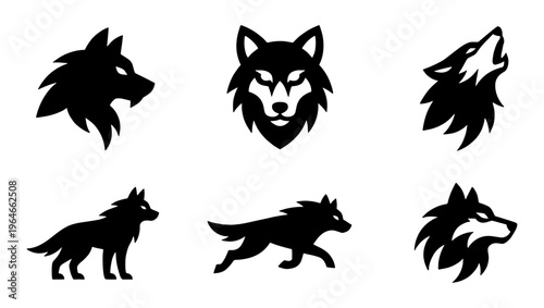 Wolf head silhouette icons, 6 black wolf vector elements, wild animal mascot logo set, howling and running timber wolf graphics for branding