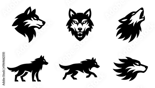 Wolf head mascot logos and silhouettes, set of 6 black vector icons, wild animal predator symbols for sports branding and gaming team identity