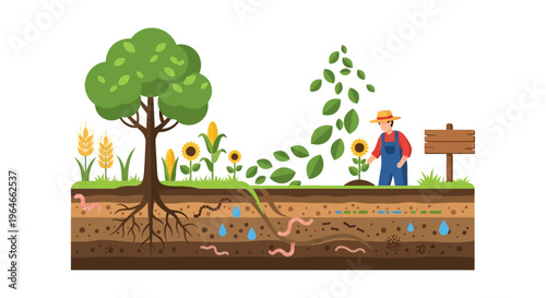 Farmer Tending Crops with Healthy Soil Cross-Section Illustrating Sustainable Agriculture, Plant Growth, Root Systems, and Underground Ecosystem with Earthworms