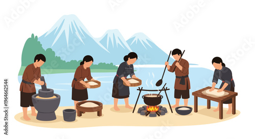 Traditional Asian Food Preparation Illustration: Villagers Grinding, Sifting, Cooking, and Kneading Grains in a Rural Mountainous Landscape by a Lake.