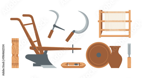Traditional Farming & Craft Tools Set: Ancient Agricultural Implements, Weaving Loom, Pottery, and Woodworking Kit