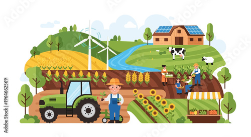 Sustainable Farm Landscape with Farmers, Tractor, Crops, Solar Panels, and Wind Turbines. Modern Agriculture, Green Energy, and Rural Life Illustration.