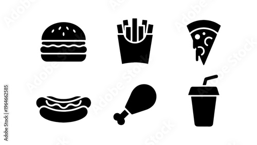 Fast food icon set with 6 black vector elements, minimalist junk food silhouettes, burger and pizza symbols for restaurant menus and delivery apps