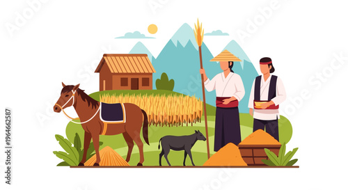 Traditional Asian Farming Scene: Farmers, Horse, and Buffalo in a Golden Wheat Field with Mountains